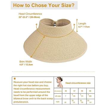 MAYLISACC Straw Sun Visor Hats for Women UPF50+ with Large Wide Brim, UV Protection Packable Floppy Beach Sun Hat Vicera Mujer Khaki