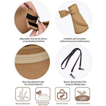 MAYLISACC Straw Sun Visor Hats for Women UPF50+ with Large Wide Brim, UV Protection Packable Floppy Beach Sun Hat Vicera Mujer Khaki