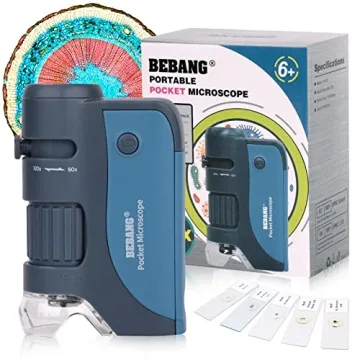BEBANG Pocket Microscope - 60x-120x Handheld Mini Microscope for Kids with LED Light and 5 Prepared ...