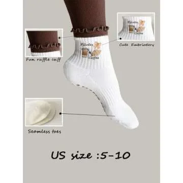Puedizux Women Cute Pilates Socks Grip Crew Yoga Socks Ruffle Cuff Embroidery Pattern Workout Ballet Socks