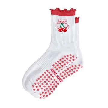 Puedizux Women Cute Pilates Socks Grip Crew Yoga Socks Ruffle Cuff Embroidery Pattern Workout Ballet Socks