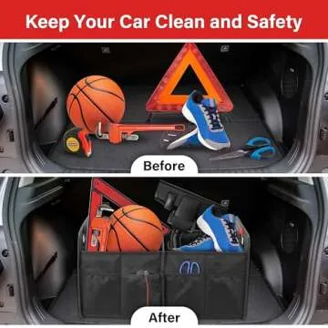 Simple Deluxe Car Trunk Organizer, 2 Compartments Collapsible Trunk Storage, Anti-slip Design, Made of Waterproof 600D Oxford Polyester, Suitable for SUV, Minivan, Truck, Standard Size, Black