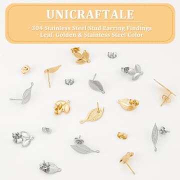 UNICRAFTALE About 24 Pieces 3 Styles Leaf Stud Earrings with Ear Nuts Hypoallergenic Earrings 0.7mm Pin Stainless Steel Stud Earring Findings for DIY Jewellery Making, Golden & Stainless Steel Color