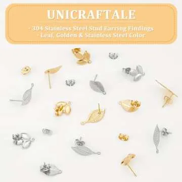 UNICRAFTALE About 24 Pieces 3 Styles Leaf Stud Earrings with Ear Nuts Hypoallergenic Earrings 0.7mm Pin Stainless Steel Stud Earring Findings for DIY Jewellery Making, Golden & Stainless Steel Color