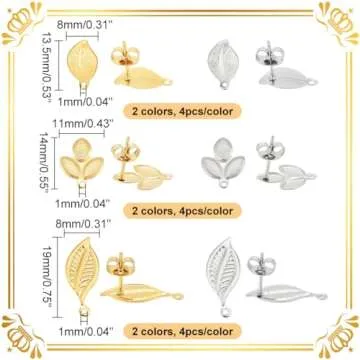 UNICRAFTALE About 24 Pieces 3 Styles Leaf Stud Earrings with Ear Nuts Hypoallergenic Earrings 0.7mm Pin Stainless Steel Stud Earring Findings for DIY Jewellery Making, Golden & Stainless Steel Color