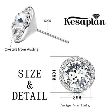KesaPlan Sterling Silver Crystals Stud Earrings for Women, Made of Austria Crystals, Round-Cut Rhinestone Halo Bridal Earring Hypoallergenic White