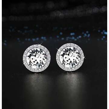 KesaPlan Sterling Silver Crystals Stud Earrings for Women, Made of Austria Crystals, Round-Cut Rhinestone Halo Bridal Earring Hypoallergenic White