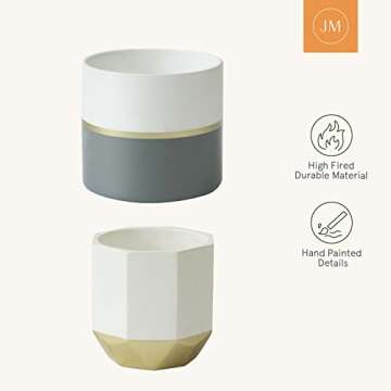 LA Jolie Muse White Ceramic Flower Pot Garden Planters 6.7 Inch Pack 2 Indoor Plant Containers with Gold and Grey Detailing