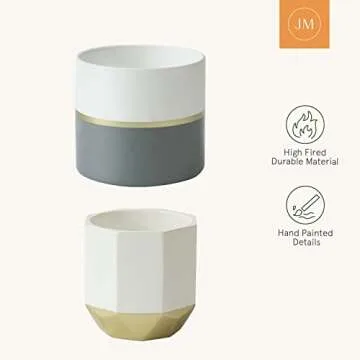 LA Jolie Muse White Ceramic Flower Pot Garden Planters 6.7 Inch Pack 2 Indoor Plant Containers with Gold and Grey Detailing