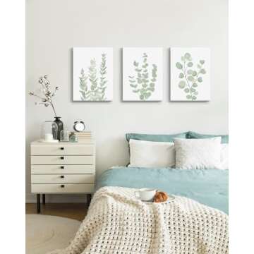 Botanical Eucalyptus Canvas FRAMED Wall Art,Boho Plant Wall Decor for Bedroom,Minimalist Prints for Living Room,Light Green Botanical Art Painting for Bathroom,Set of 3,12”x 16”