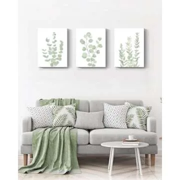 Botanical Eucalyptus Canvas FRAMED Wall Art,Boho Plant Wall Decor for Bedroom,Minimalist Prints for Living Room,Light Green Botanical Art Painting for Bathroom,Set of 3,12”x 16”