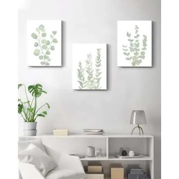 Botanical Eucalyptus Canvas FRAMED Wall Art,Boho Plant Wall Decor for Bedroom,Minimalist Prints for Living Room,Light Green Botanical Art Painting for Bathroom,Set of 3,12”x 16”
