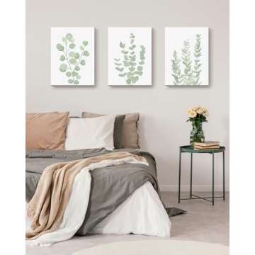 Botanical Eucalyptus Canvas FRAMED Wall Art,Boho Plant Wall Decor for Bedroom,Minimalist Prints for Living Room,Light Green Botanical Art Painting for Bathroom,Set of 3,12”x 16”
