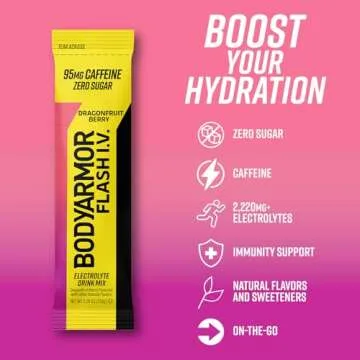 BODYARMOR Caffeine Flash I.V. Dragonfruit Berry flavored Electrolyte Mix, 0.28 oz Packets, 6 Pack