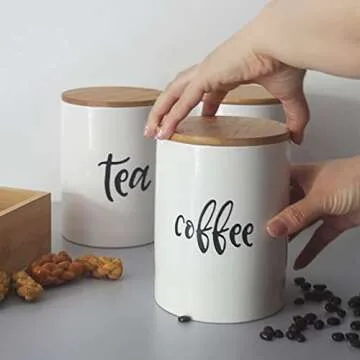 Mrs.keng Kitchen Food Storage Ceramic Canister,Airtight Ceramic Canisters with Bamboo Lid,For Coffee, Sugar,Tea Storage Containers 24.68 FL OZ (730 ML),Set of 3