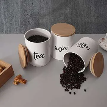 Mrs.keng Kitchen Food Storage Ceramic Canister,Airtight Ceramic Canisters with Bamboo Lid,For Coffee, Sugar,Tea Storage Containers 24.68 FL OZ (730 ML),Set of 3