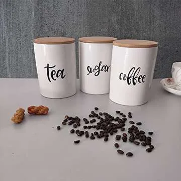 Mrs.keng Kitchen Food Storage Ceramic Canister,Airtight Ceramic Canisters with Bamboo Lid,For Coffee, Sugar,Tea Storage Containers 24.68 FL OZ (730 ML),Set of 3