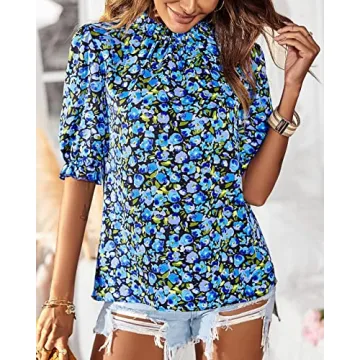 BTFBM Women's Summer Boho Shirt Top Ruffle Short Sleeve Frill Trim Mock Neck Floral Solid 2025 Casual Blouses Shirts Tops(Floral Bright Blue, Large)