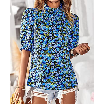 BTFBM Women's Summer Boho Shirt Top Ruffle Short Sleeve Frill Trim Mock Neck Floral Solid 2025 Casual Blouses Shirts Tops(Floral Bright Blue, Large)