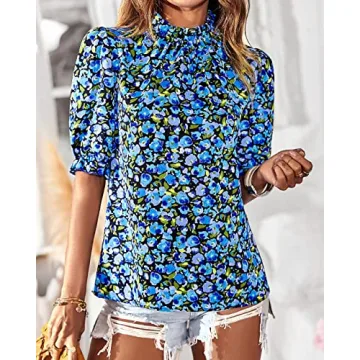 BTFBM Women's Summer Boho Shirt Top Ruffle Short Sleeve Frill Trim Mock Neck Floral Solid 2025 Casual Blouses Shirts Tops(Floral Bright Blue, Large)