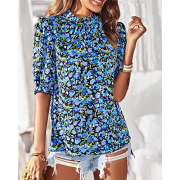 BTFBM Women's Summer Boho Shirt Top Ruffle Short Sleeve Frill Trim Mock Neck Floral Solid 2025 Casual Blouses Shirts Tops(Floral Bright Blue, Large)