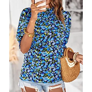 BTFBM Women's Summer Boho Shirt Top Ruffle Short Sleeve Frill Trim Mock Neck Floral Solid 2025 Casual Blouses Shirts Tops(Floral Bright Blue, Large)