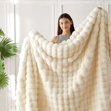 COOVA Faux Rabbit Fur & Flannel Throw Blanket 50x60 Inch - Luxury Fuzzy & Cozy Soft Blanket for All Seasons, Breathable and Comfortable for Bed, Sofa, Couch, and Camping,Ivory White