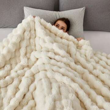 COOVA Faux Rabbit Fur & Flannel Throw Blanket 50x60 Inch - Luxury Fuzzy & Cozy Soft Blanket for All Seasons, Breathable and Comfortable for Bed, Sofa, Couch, and Camping,Ivory White