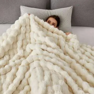 COOVA Faux Rabbit Fur & Flannel Throw Blanket 50x60 Inch - Luxury Fuzzy & Cozy Soft Blanket for All Seasons, Breathable and Comfortable for Bed, Sofa, Couch, and Camping,Ivory White