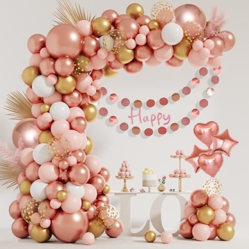149Pcs Rose Gold Balloons Arch Kit, Pink Rose Gold White Cardioid Star Banner Balloon Garland for Wo...