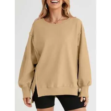 SHEWIN Womens Sweatshirt Casual Long Sleeve Loose Pullover Tops Lightweight Oversized Sweatshirts Trendy Spring Clothes for Women 2025 A Khaki Medium