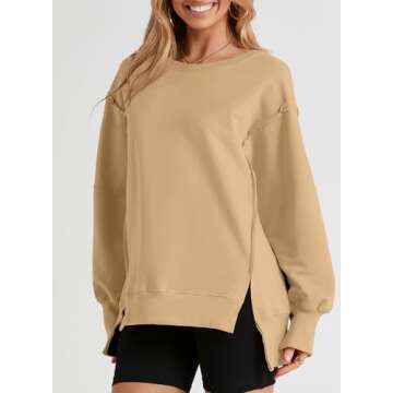 SHEWIN Womens Sweatshirt Casual Long Sleeve Loose Pullover Tops Lightweight Oversized Sweatshirts Trendy Spring Clothes for Women 2025 A Khaki Medium