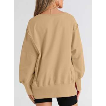 SHEWIN Womens Sweatshirt Casual Long Sleeve Loose Pullover Tops Lightweight Oversized Sweatshirts Trendy Spring Clothes for Women 2025 A Khaki Medium
