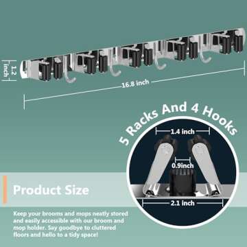 Broom Holder Wall Mount with Easy Installation and 5 Racks