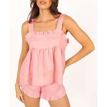 Xfileen Womens Summer 2 Piece Set Sleeveless Tie Straps Ruffle Trim Top and Shorts Sets Soft Cozy Pajamas Set