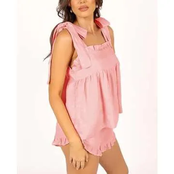 Xfileen Womens Summer 2 Piece Set Sleeveless Tie Straps Ruffle Trim Top and Shorts Sets Soft Cozy Pajamas Set