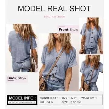 Dokotoo Button Up Tops for Women Trendy Fashion 2025 Waffle Knit Sky Blue Blouse Dressy Casual V Nec...