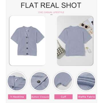 Dokotoo Button Up Tops for Women Trendy Fashion 2025 Waffle Knit Sky Blue Blouse Dressy Casual V Neck Tee Top Loose Fit Boyfriends Jacket Short Sleeve Solid Color Cute Summer Shirts Small