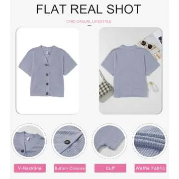 Dokotoo Button Up Tops for Women Trendy Fashion 2025 Waffle Knit Sky Blue Blouse Dressy Casual V Neck Tee Top Loose Fit Boyfriends Jacket Short Sleeve Solid Color Cute Summer Shirts Small