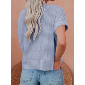 Dokotoo Button Up Tops for Women Trendy Fashion 2025 Waffle Knit Sky Blue Blouse Dressy Casual V Neck Tee Top Loose Fit Boyfriends Jacket Short Sleeve Solid Color Cute Summer Shirts Small