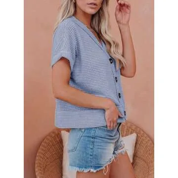 Dokotoo Button Up Tops for Women Trendy Fashion 2025 Waffle Knit Sky Blue Blouse Dressy Casual V Neck Tee Top Loose Fit Boyfriends Jacket Short Sleeve Solid Color Cute Summer Shirts Small