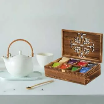 Coloch Wooden Tea Bag Storage Box with Carved Lid, 8-Compartment Tea Chest Organizer Spice Packets Container for Living Room, Kitchen, Office, Home Decor