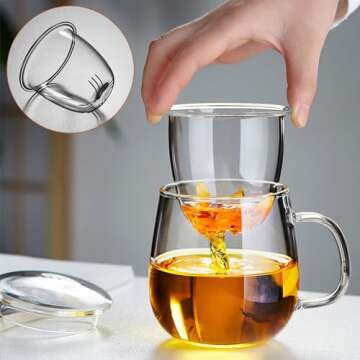 Dinana Large Tea Cup/Mug, Glass Tea Cup with Infuser and Lid, Borosilicate Glass Tea Mugs for Loose Leaf Tea,Glass Tea Cups with Filter for Black Tea,Great Loose Tea-leaf Brewing System,500ml (17oz)
