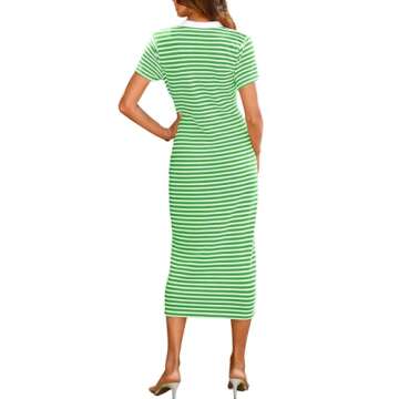 BTFBM Women Casual Summer Dresses Short Sleeve Striped Midi Dresses Decorative Button Ribbed Knit Dr...
