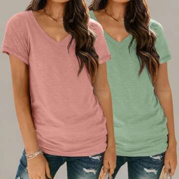 SUNBS Womens Short Sleeve Shirts Basic 2 Pack Tees V Neck Summer Spring Trendy Casual Tops Loose Fit Lightweight Clothes 2025 PinkGreen M