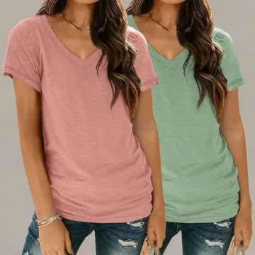 SUNBS Womens Short Sleeve Shirts Basic 2 Pack Tees V Neck Summer Spring Trendy Casual Tops Loose Fit Lightweight Clothes 2025 PinkGreen M