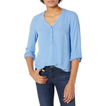 Amazon Essentials Women's French Blue 3/4 Sleeve Button Popover Shirt