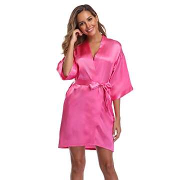 iFigure Robe for Women Silky Lightweight Satin Kimono Bride Bridesmaids Wedding Party Robes Dressing Gown Summer Loungewear, Hot Pink, Small