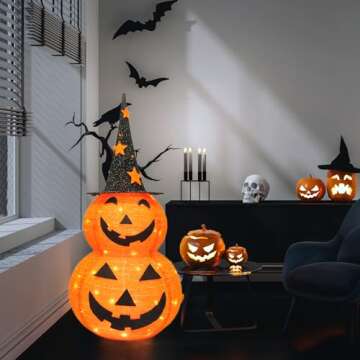 Cute Halloween Collapsible Pumpkin Decorations, 3ft Light Up Pumpkins for Decorating, Jack O Lantern Pumpkin Lights for Halloween DéCor Outdoor Indoor, Outside Halloween Yard Decorations
