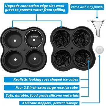 CAMKYDE Rose Ice Cube Tray 2.5 Inch [1 Mold + 1 Funnel + 4 Stoppers], 4 Cavity Silicone Rose Ice Cube Mold for Whiskey, Chilling Cocktails, Bourbon, Juice (Black)